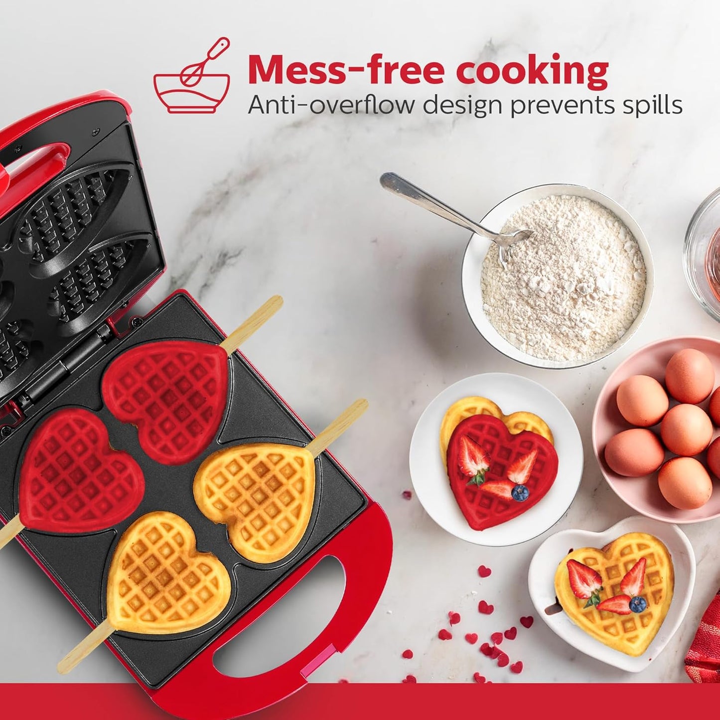 - Non-Stick Heart Waffle Maker, Red - Makes 4 Heart-Shaped Waffles in Minutes