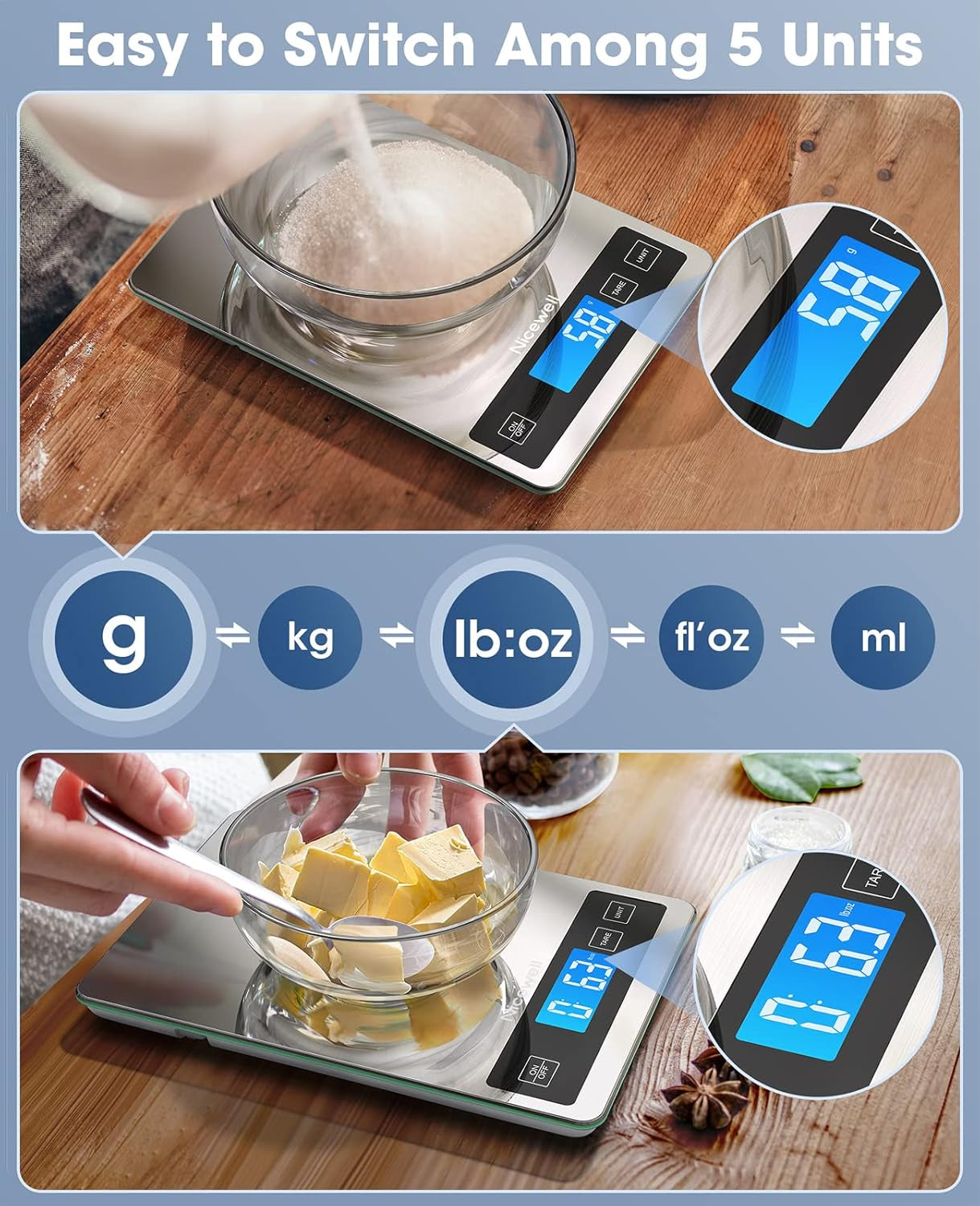 Food Scale, 22Lb Digital Kitchen Scale Weight Grams and Oz for Cooking Baking, 1G/0.1Oz Precise Graduation, Stainless Steel and Tempered Glass (Ash Silver)