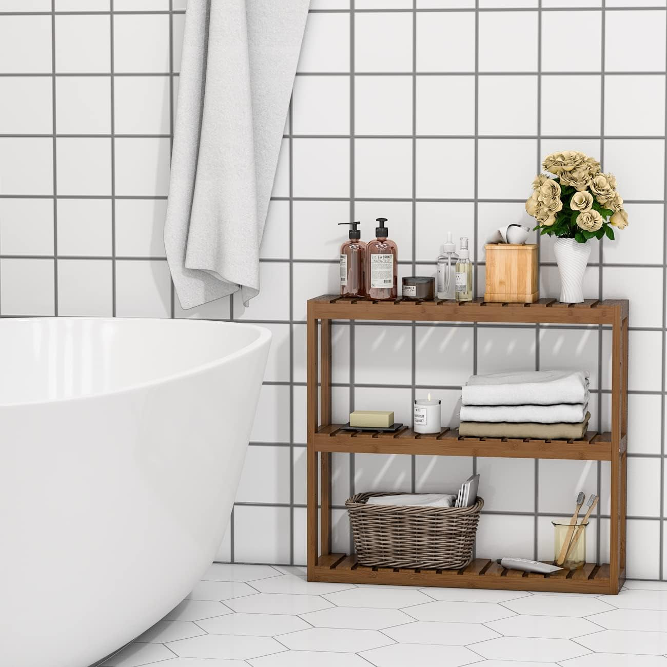 Bathroom Bamboo Shelf Organizer - 3 Tier Storage Shelf with Adjustable Wall Mounted Shelf Rack over Toilet, Use for Bathroom, Kitchen, Living Room (Walnut)