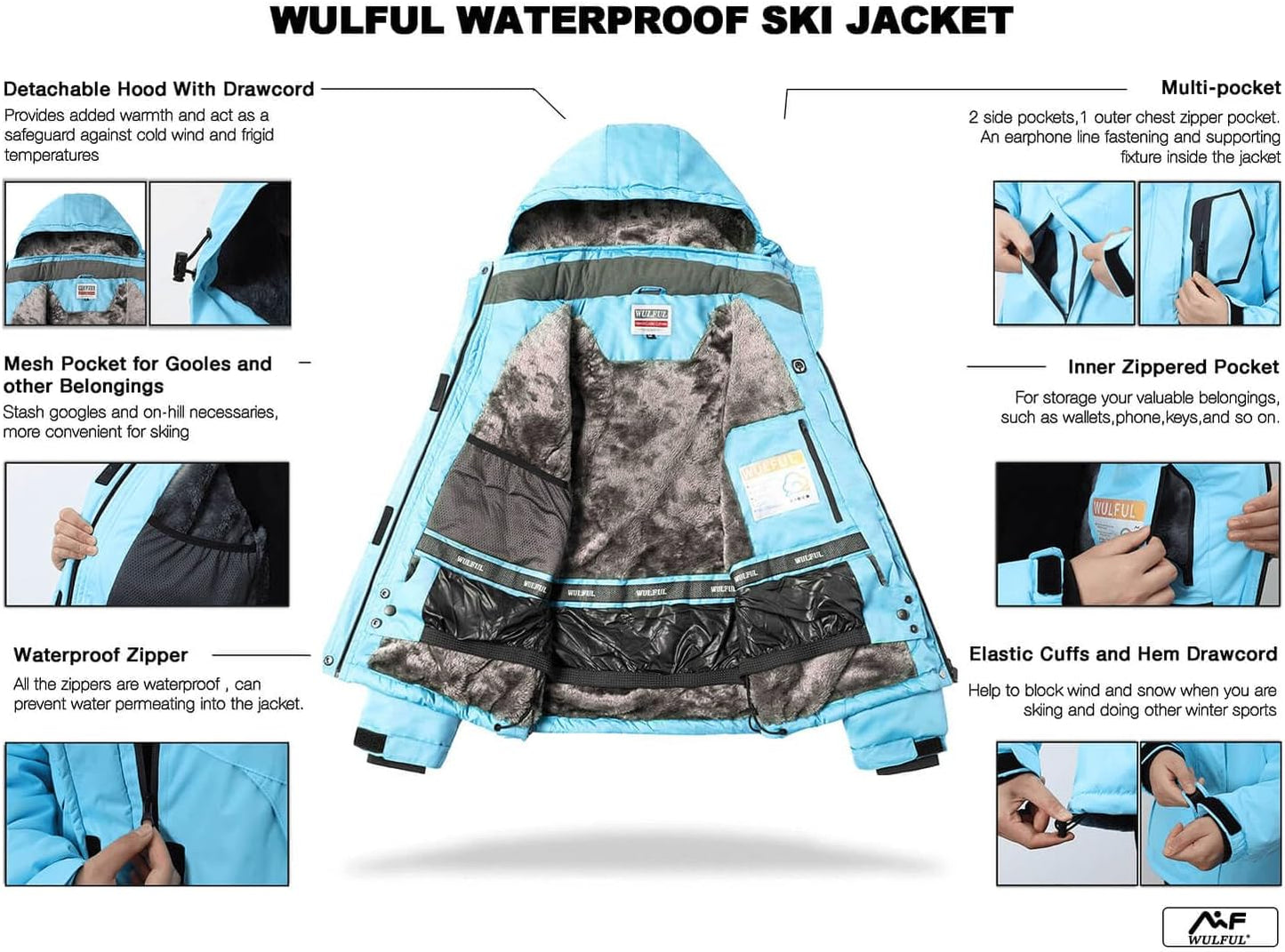 Women’S Waterproof Snow Ski Jacket Mountain Windproof Winter Coat with Detachable Hood