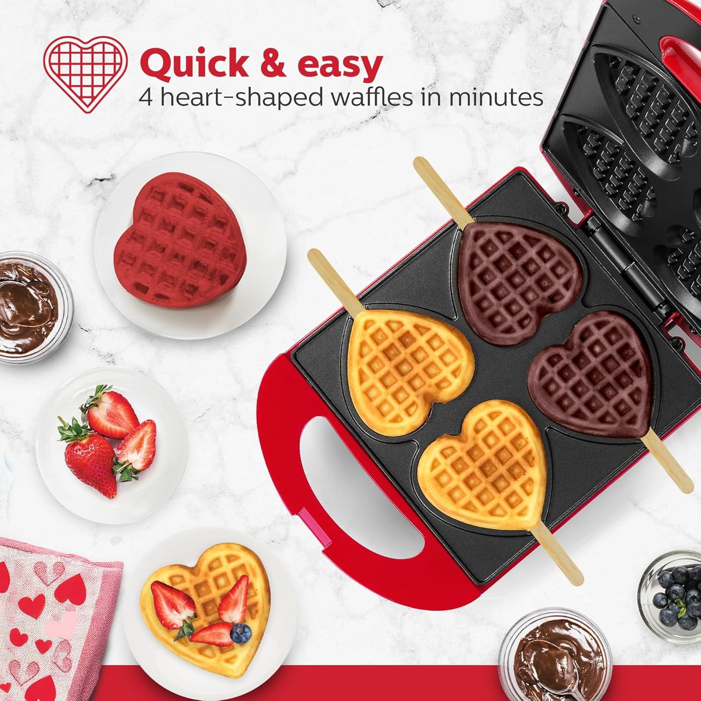 - Non-Stick Heart Waffle Maker, Red - Makes 4 Heart-Shaped Waffles in Minutes