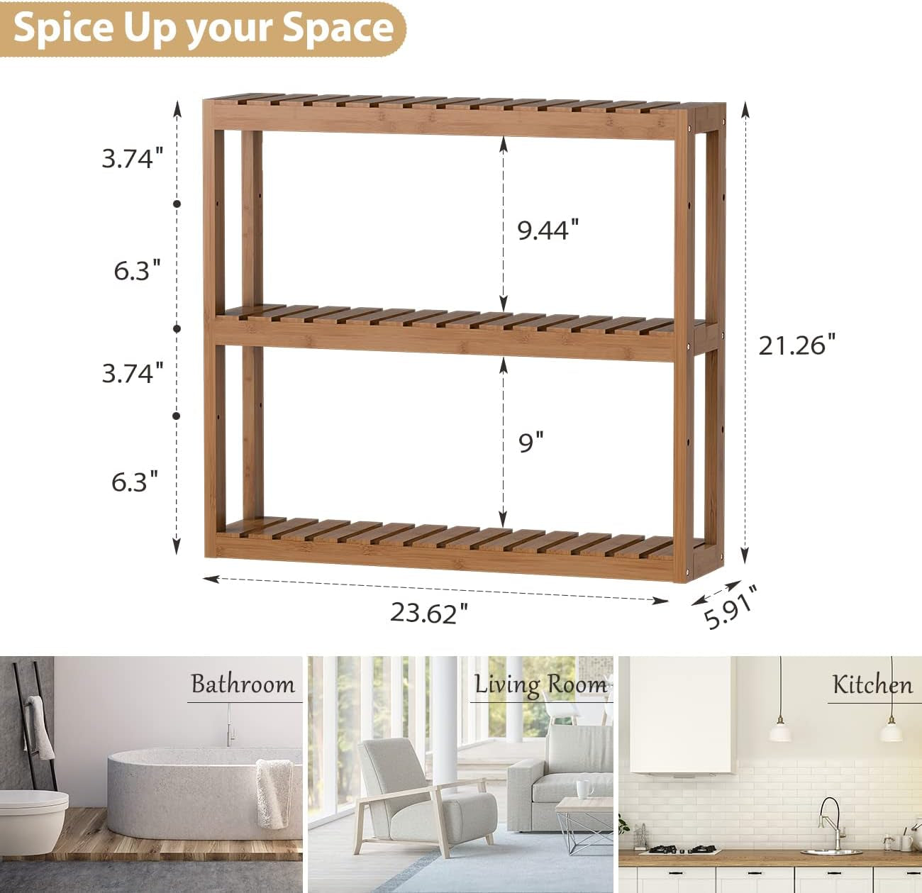 Bathroom Bamboo Shelf Organizer - 3 Tier Storage Shelf with Adjustable Wall Mounted Shelf Rack over Toilet, Use for Bathroom, Kitchen, Living Room (Walnut)