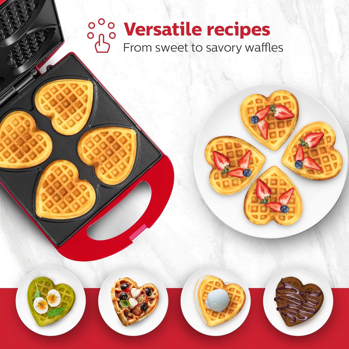 - Non-Stick Heart Waffle Maker, Red - Makes 4 Heart-Shaped Waffles in Minutes