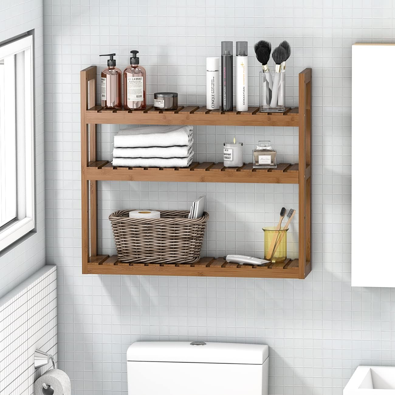 Bathroom Bamboo Shelf Organizer - 3 Tier Storage Shelf with Adjustable Wall Mounted Shelf Rack over Toilet, Use for Bathroom, Kitchen, Living Room (Walnut)
