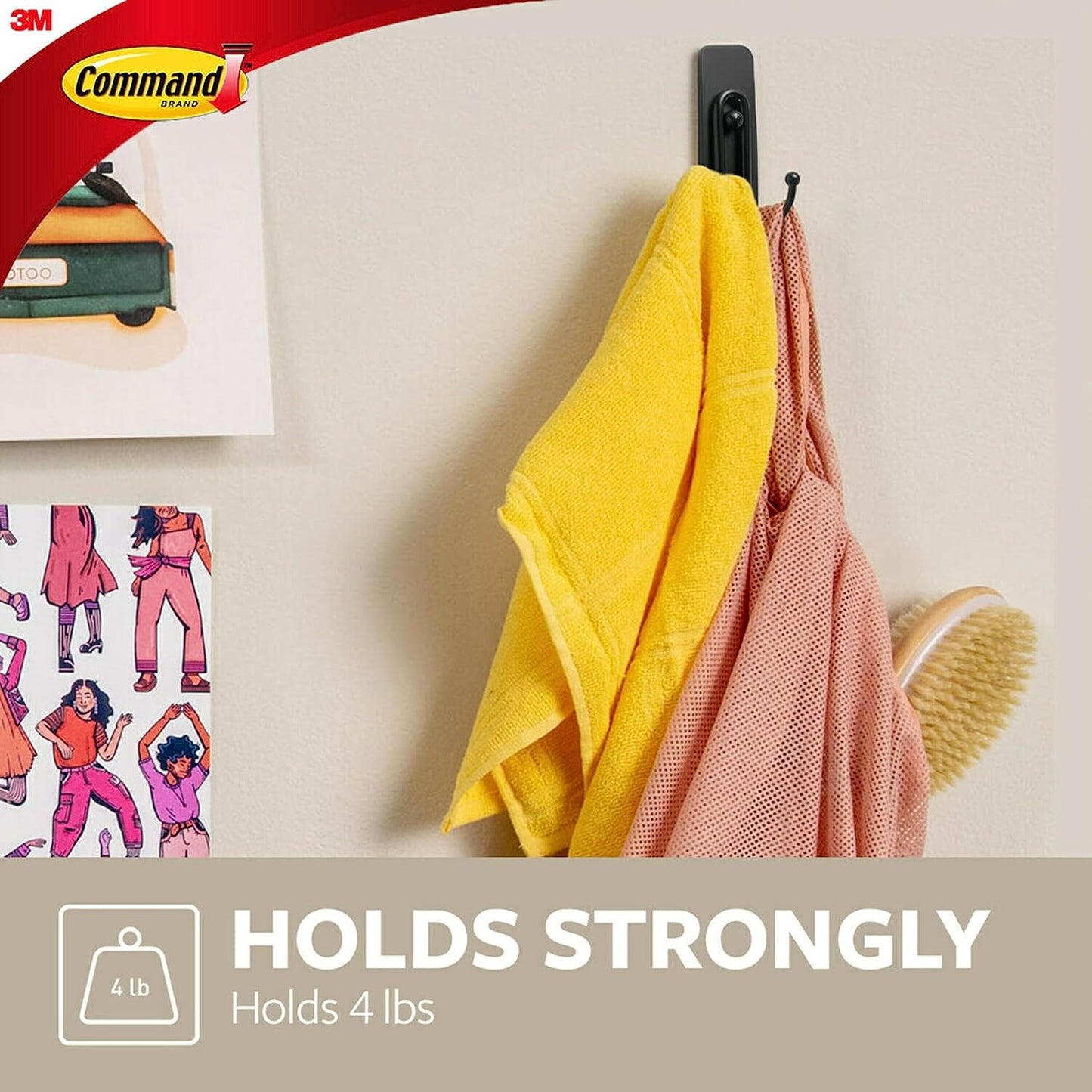 Large Matte Black Double Hooks, 2 Hooks and 2  Strips, Damage Free Hanging Wall Hooks with Adhesive Strips, No Tools Coat Hooks for Hanging Home Decor, Holds up to 4 Lb