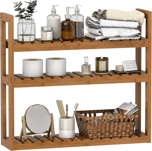 Bathroom Bamboo Shelf Organizer - 3 Tier Storage Shelf with Adjustable Wall Mounted Shelf Rack over Toilet, Use for Bathroom, Kitchen, Living Room (Walnut)