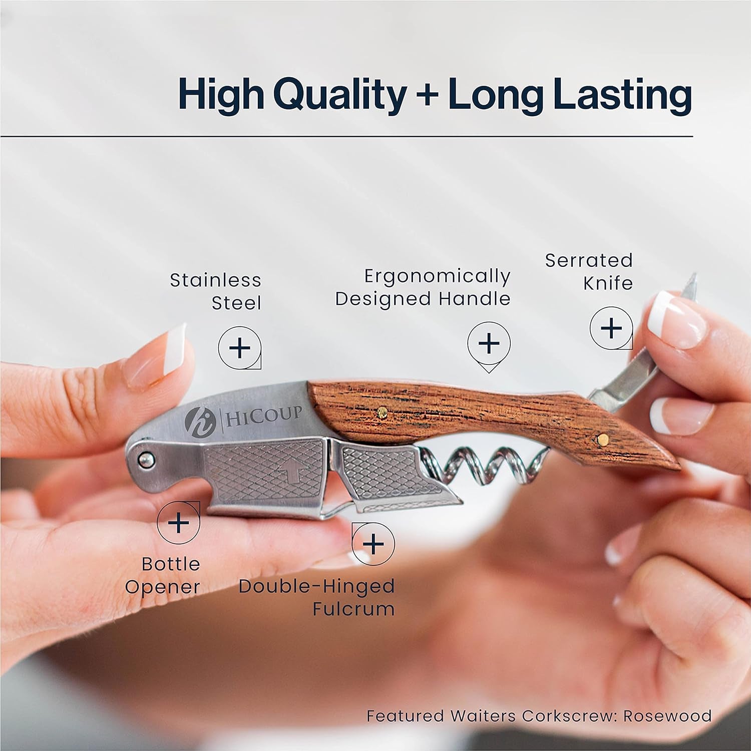 Hicoup Wine Opener - Professional Corkscrews for Wine Bottles W/Foil Cutter and Cap Remover - Manual Wine Key for Servers, Waiters, Bartenders and Home Use - Stainless Steel with Rosewood